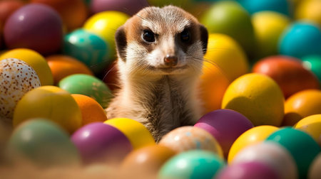 A meerkat sits amidst a pile of colorful Easter eggs, creating a cheerful springtime scene.の写真素材