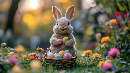 A fluffy bunny holds Easter eggs near a wicker basket full of more eggs in a vibrant spring garden.