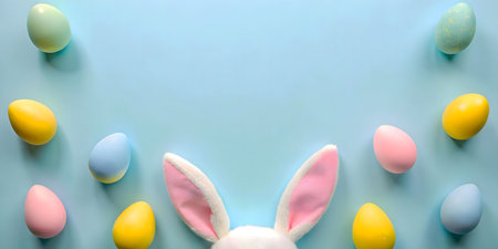 A cheerful Easter image featuring pastel-colored eggs and a fluffy white bunny ears peeking from the bottom.の写真素材