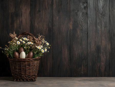 Rustic Easter scene with chocolate eggs and daisies.の写真素材