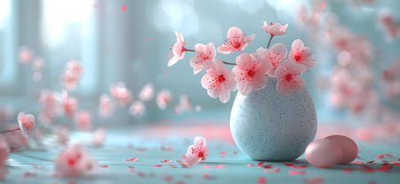 A tranquil image of delicate pink cherry blossoms arranged in a light blue vase. Petals gently fall around it, creating a serene springtime scene.の写真素材