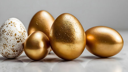 Close-up of gold and white decorated eggs on a marble surface. A festive Easter still life composition.の写真素材