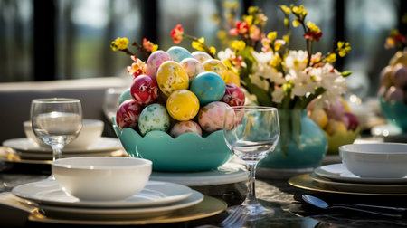 A beautifully set Easter table with colorful eggs and spring flowers.の写真素材