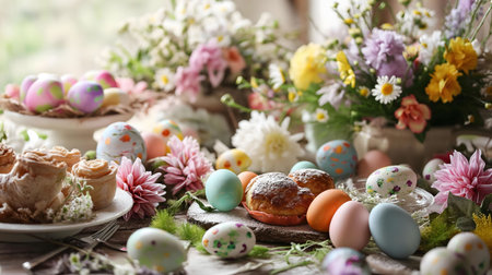 A vibrant Easter table setting with pastel eggs, spring flowers, and delicious pastries. A joyful...