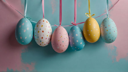 Six pastel Easter eggs hang festively, creating a delightful springtime scene.の写真素材