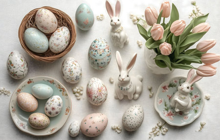 Pastel Easter eggs, ceramic bunnies, and pink tulips create a charming springtime scene.