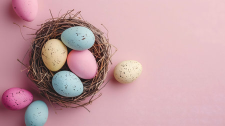 A charming image of pastel-colored Easter eggs arranged in a rustic bird's nest. Perfect for...