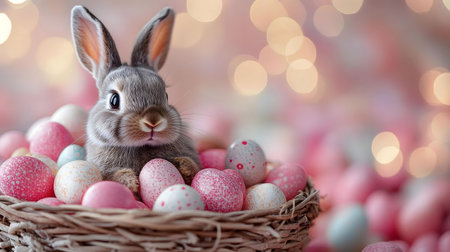 A gray bunny rests in a cozy nest filled with pastel Easter eggs. The soft lighting creates a...