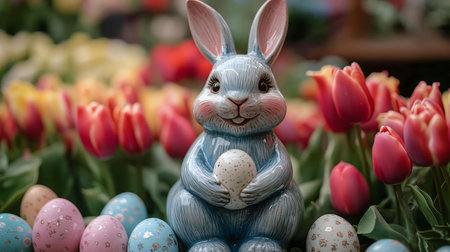 A delightful ceramic bunny holding an egg, surrounded by colorful tulips and Easter eggs.