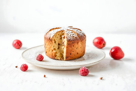 A delightful image of a homemade raspberry cake, dusted with powdered sugar, served on a white...