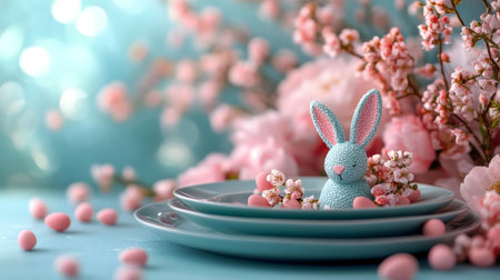A charming Easter table setting featuring a light blue bunny among pink blossoms and pastel-colored candy.の写真素材