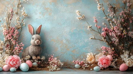 A charming Easter bunny surrounded by pastel-colored eggs and delicate spring flowers. A perfect...