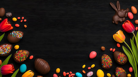 Easter chocolate eggs, candy, and tulips on a dark background. Festive spring treat!