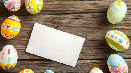 A blank card surrounded by colorful Easter eggs on a rustic wooden surface. Perfect for Easter...