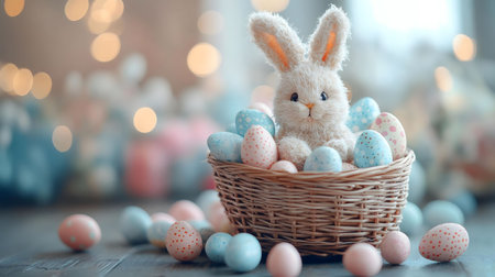 A fluffy Easter bunny sits amid pastel-colored eggs in a wicker basket. A perfect springtime image.