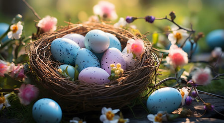 A charming springtime image featuring pastel-colored Easter eggs nestled in a bird's nest, surrounded by delicate flowers.の写真素材