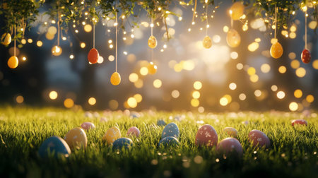 Glowing Easter eggs in a magical garden at sunset. A festive spring scene.の写真素材