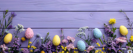 Pastel Easter eggs nestled amongst vibrant spring flowers on a lavender wood background. Perfect for...