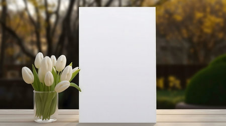 A beautiful bouquet of white tulips in a glass vase sits on a wooden table with a blank white card or sign for your text or design.の写真素材