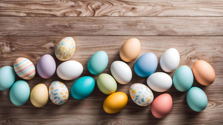 Colorful Easter eggs arranged on a rustic wooden surface.