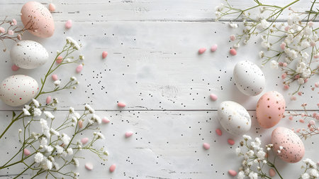 Pretty pastel Easter eggs and delicate baby's breath flowers arranged on a white wooden background. Perfect for spring and Easter celebrations.の写真素材