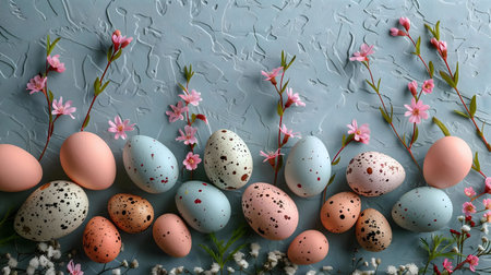 A delightful Easter image featuring pastel-colored eggs and delicate pink blossoms arranged on a textured background.の写真素材