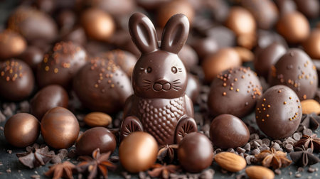 Close-up of a chocolate Easter bunny surrounded by chocolate eggs and cocoa nibs.の写真素材