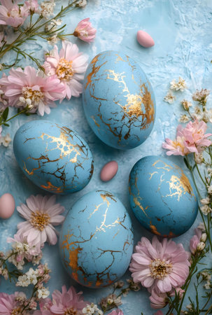 Blue and gold Easter eggs surrounded by pastel pink flowers. A festive and elegant spring image.の写真素材