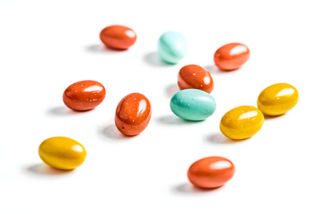 A collection of colorful capsules scattered on a white background. The image showcases the bright...