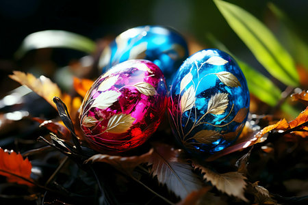 Three ornate Easter eggs in vibrant colors rest amongst autumn leaves. A festive spring scene.の写真素材