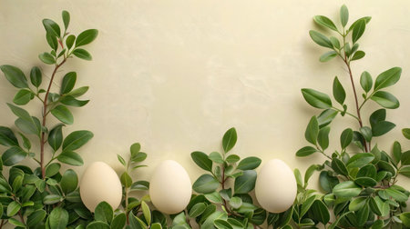Three creamy eggs rest amidst vibrant green foliage, creating a serene Easter scene. Perfect for...