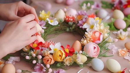 Close-up view of hands carefully arranging pastel colored eggs and flowers onto a spring wreath.の写真素材