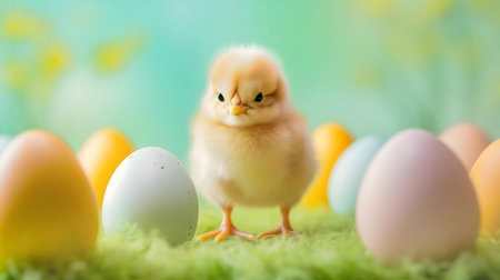 A fluffy yellow chick surrounded by pastel Easter eggs. Perfect spring image!