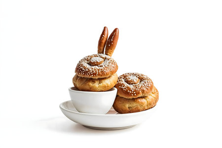 Delightful Easter bunny crafted from sweet bread rolls, creatively arranged in a teacup on a saucer....