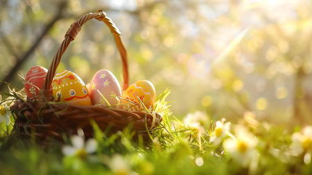 A wicker basket filled with colorful Easter eggs sits in a sunlit spring meadow. Perfect for Easter...