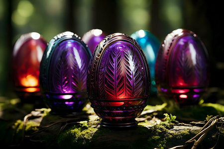 Five illuminated glass eggs with intricate designs sit on moss in a dark forest.の写真素材