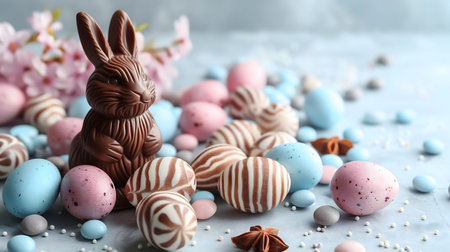 A charming chocolate Easter bunny surrounded by pastel-colored eggs and candies. A perfect image for...