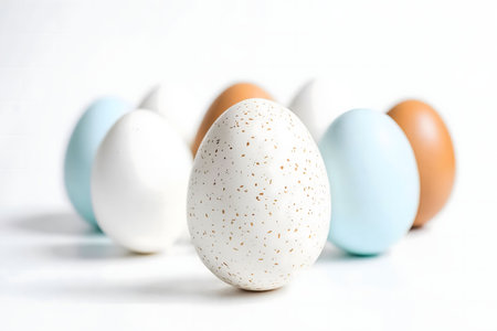 A delightful row of speckled and painted Easter eggs in various pastel colors.の写真素材