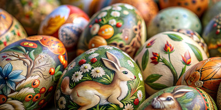 Close-up view of intricately painted Easter eggs, showcasing vibrant colors and diverse designs....