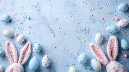 Adorable pastel Easter scene with a knitted bunny and decorated eggs on a light blue background.