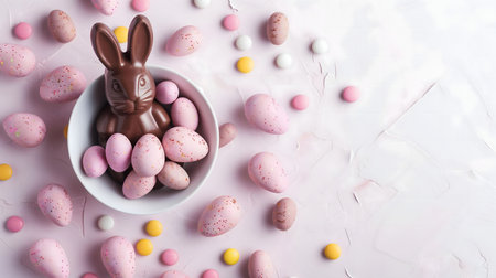 A delightful Easter scene featuring a chocolate bunny nestled amongst pastel-colored eggs and...