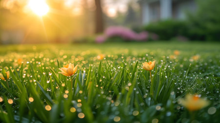 Dew-kissed flowers in a vibrant green lawn bathed in the warm light of sunrise. A peaceful spring...