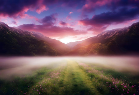 A mystical sunrise paints the sky with vibrant colors as fog envelops a mountain valley path.の写真素材