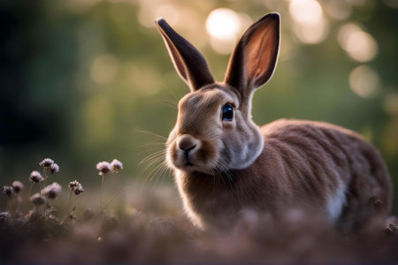 A captivating image of a brown bunny nestled in a meadow, bathed in the golden light of sunset. The...