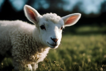 A charming lamb in a sunny field. Soft, fluffy wool and peaceful expression.の写真素材
