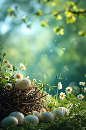 A bird's nest filled with delicate white eggs rests amidst blooming daisies in a lush green forest....