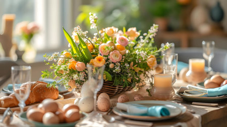 A beautifully set Easter brunch table with pastel-colored flowers, eggs, and delicious bread....