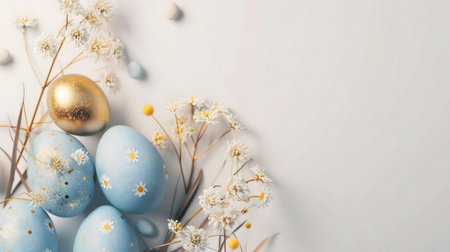 Pastel blue and gold Easter eggs adorned with daisies, surrounded by delicate white flowers. A springtime celebration.の写真素材
