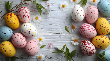 Speckled Easter eggs arranged on a rustic white wooden background with flowers.
