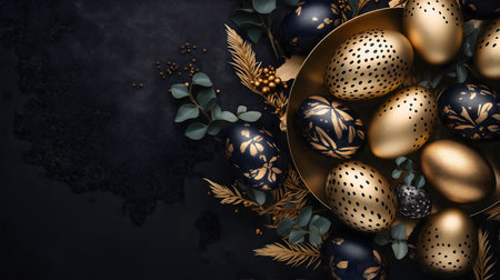 Luxury Easter eggs in dark gold and black tones, elegantly arranged with leaves.